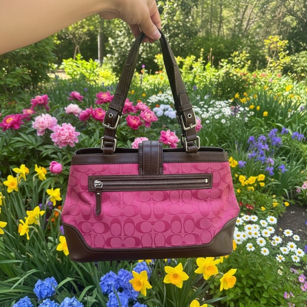 Coach Soho Tote Bag Womens Pink Brown Canvas Leather Signature C Vintage 13820 - Picture 2 of 7